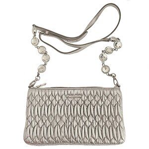 MIU MIU SILVER MATELASSE CRYSTAL STRAP LEATHER CLUTCH